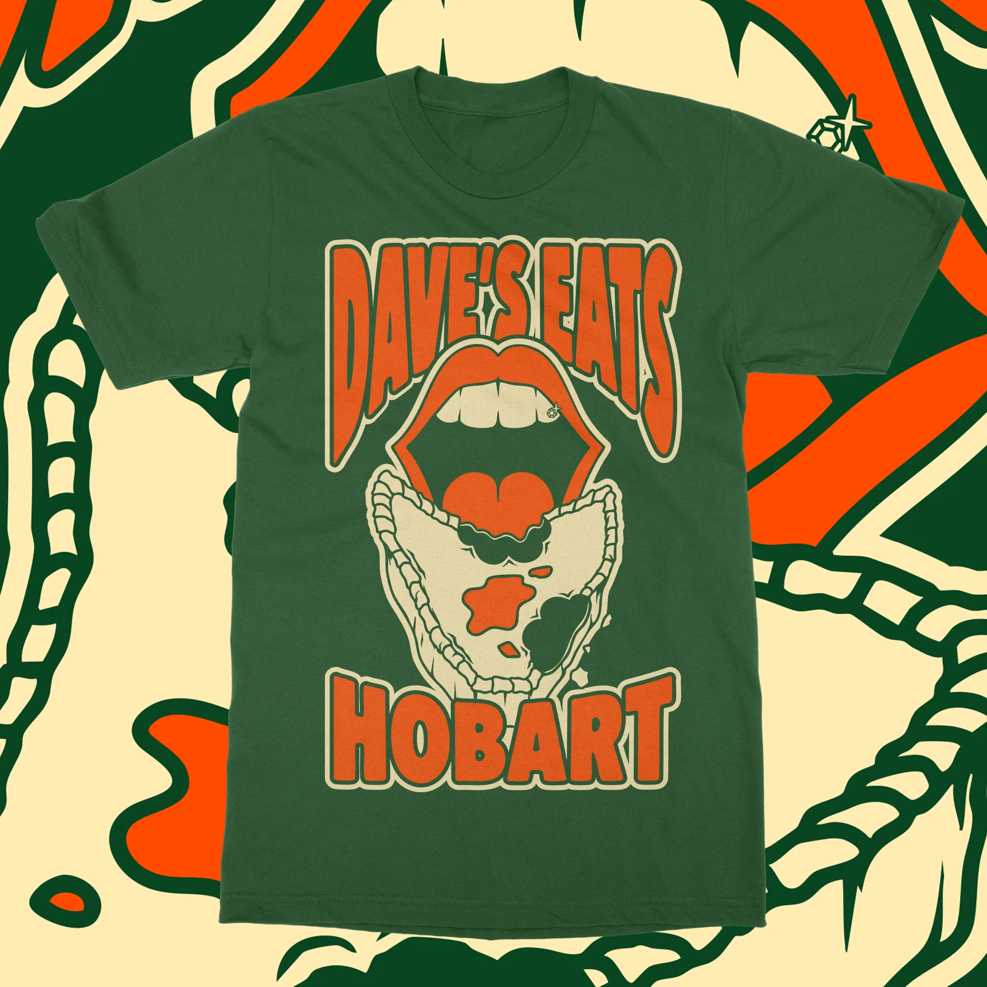 Dave's Eats Hobart shirt in Tassie green, front view with small logo on the breast